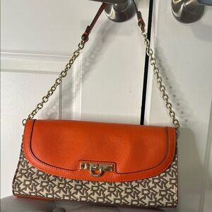 Dkny Orange and Brown Shoulder Bag with Gopd Chain
